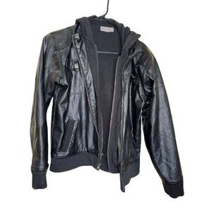 Charles and a Half Black Faux Leather Jacket with Hood and Zipper